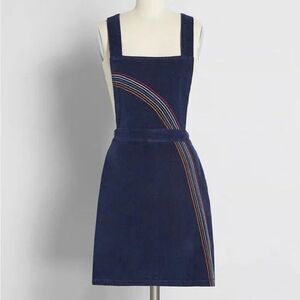 ModCloth Dress Womens Small Blue Corduroy Pinafore Overall Cross Back Rainbow